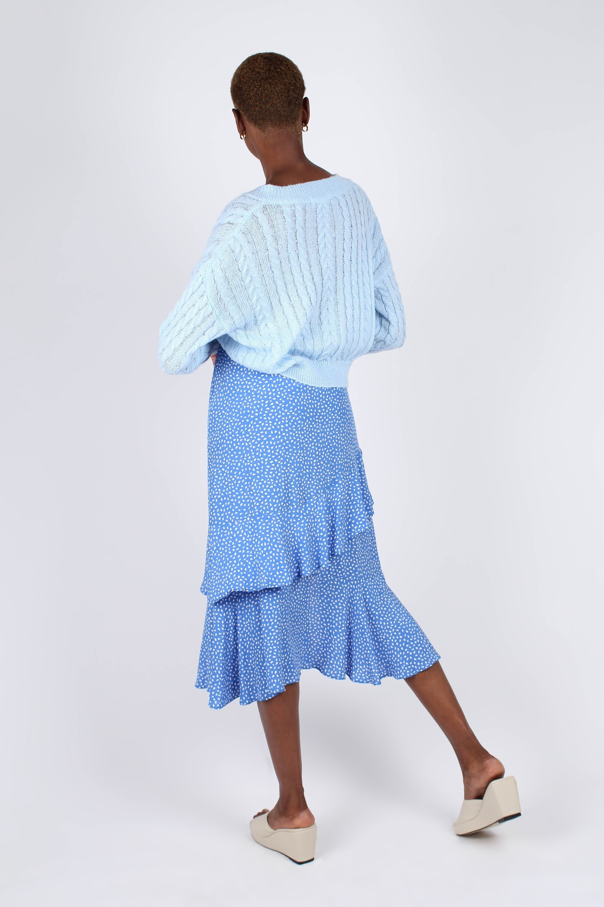 Blue and white dots tiered ruffle midi skirt