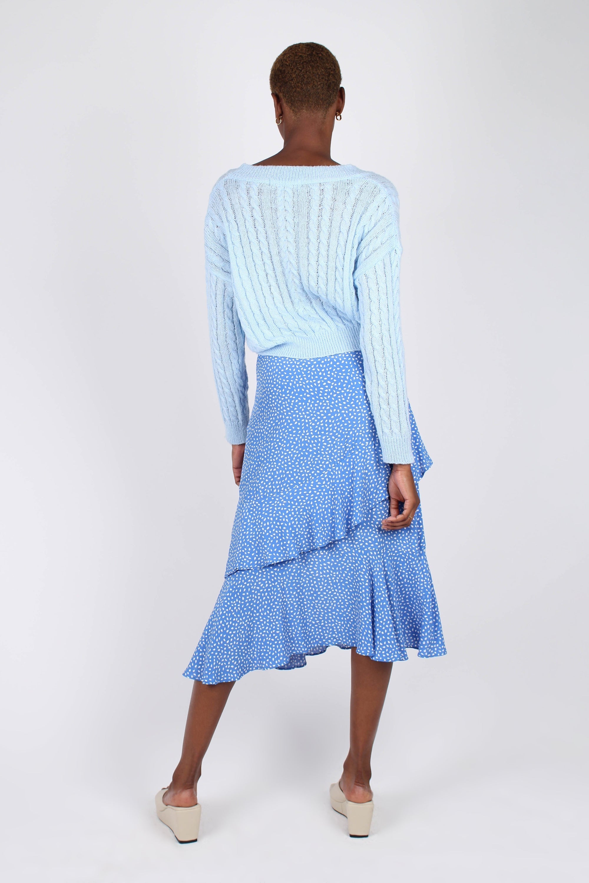 Blue and white dots tiered ruffle midi skirt