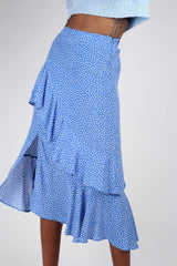 Blue and white dots tiered ruffle midi skirt