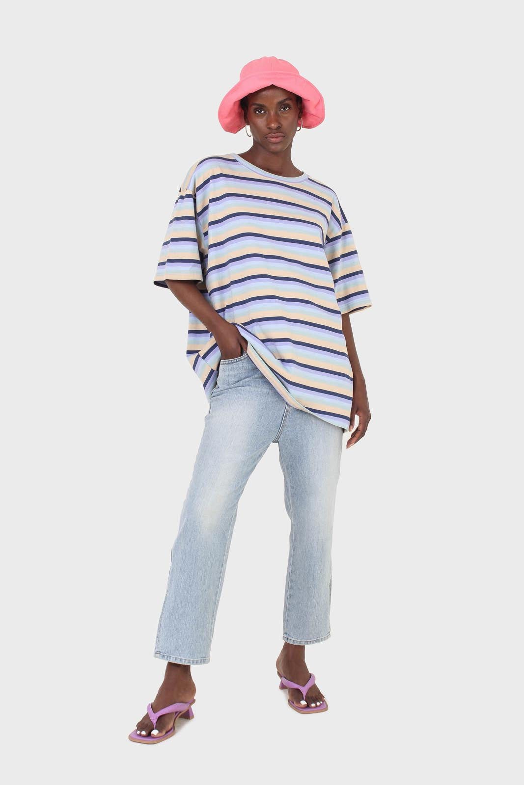Light blue and beige multi striped oversized tee
