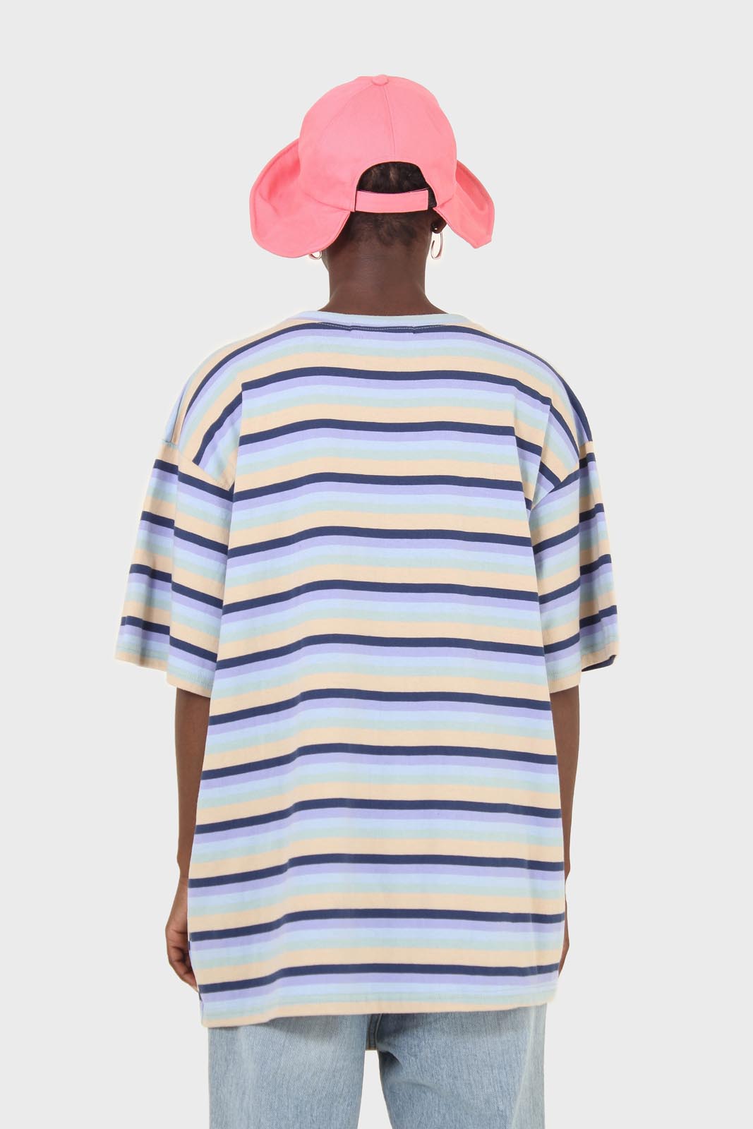 Light blue and beige multi striped oversized tee