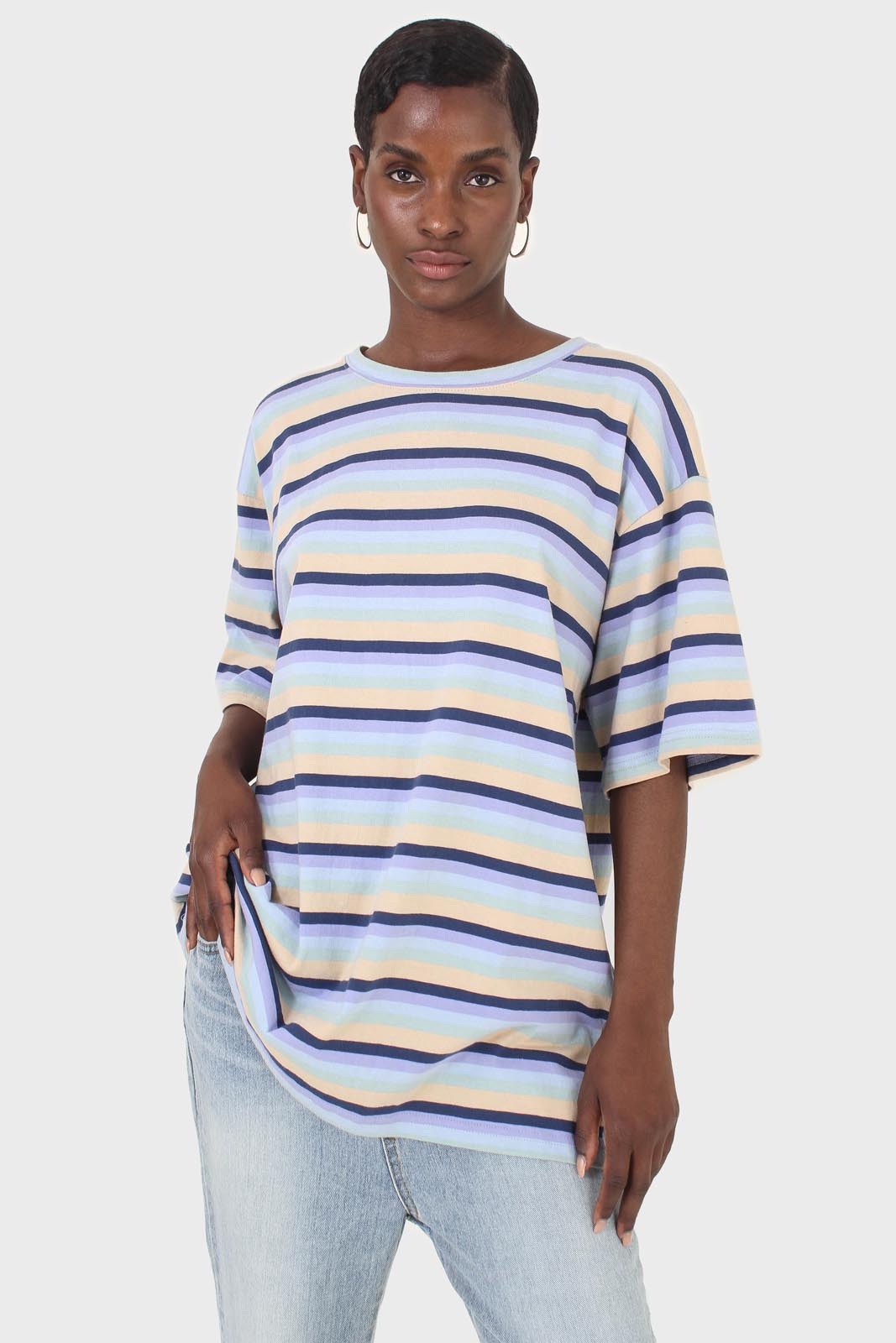 Light blue and beige multi striped oversized tee