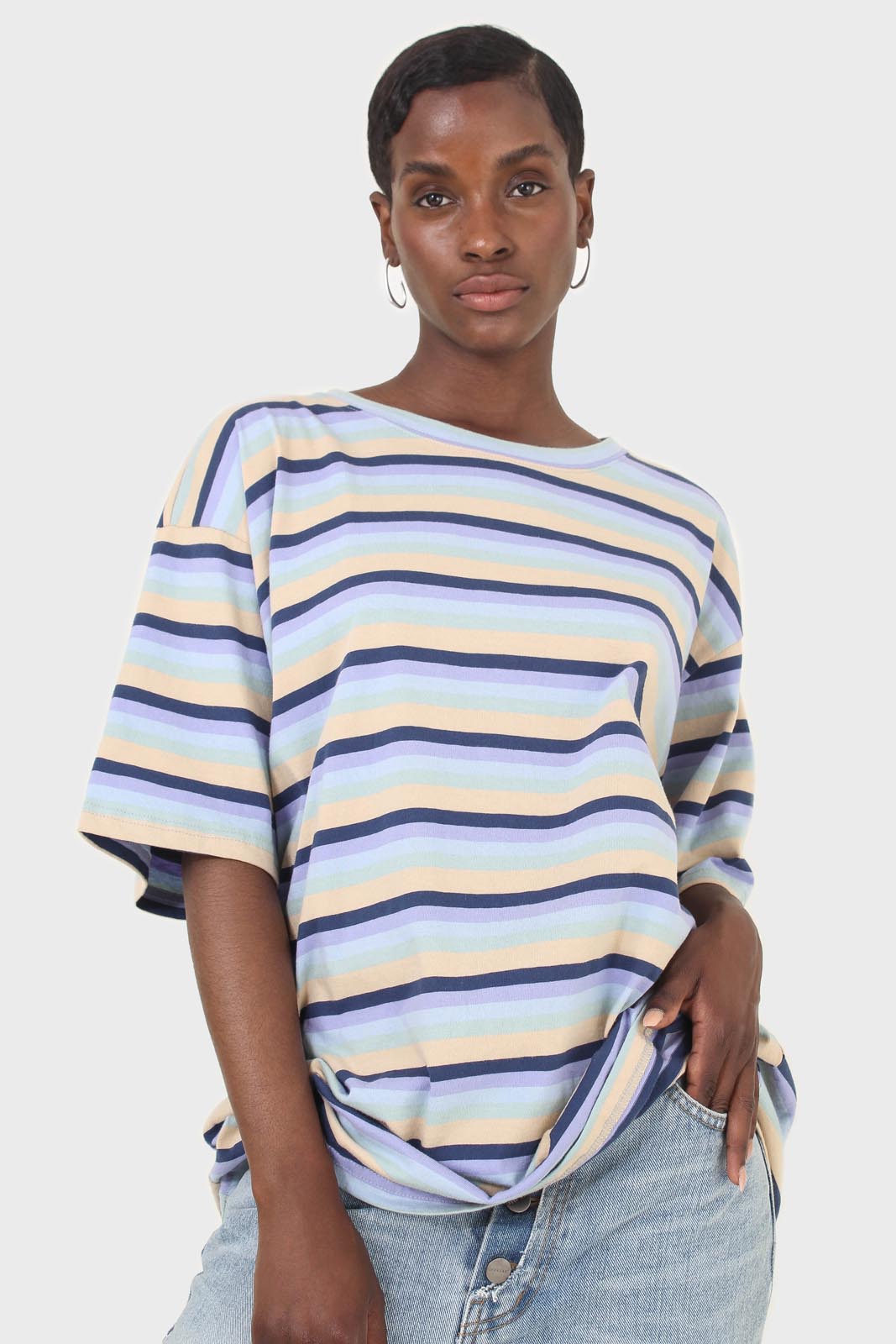 Light blue and beige multi striped oversized tee