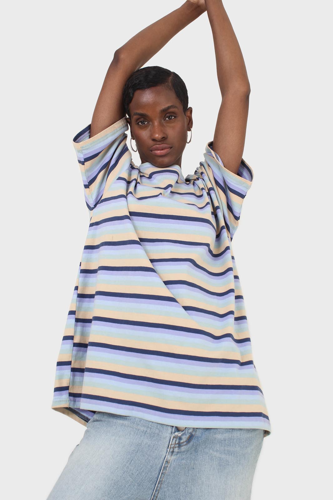 Light blue and beige multi striped oversized tee