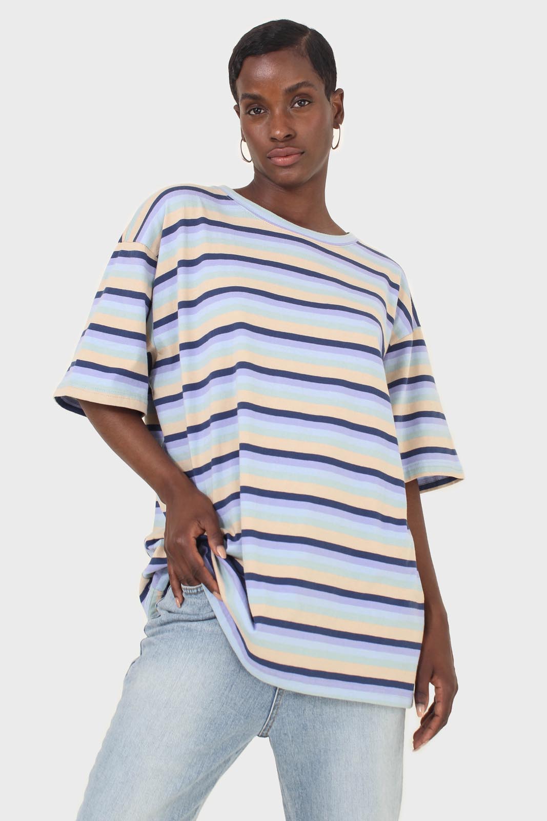 Light blue and beige multi striped oversized tee