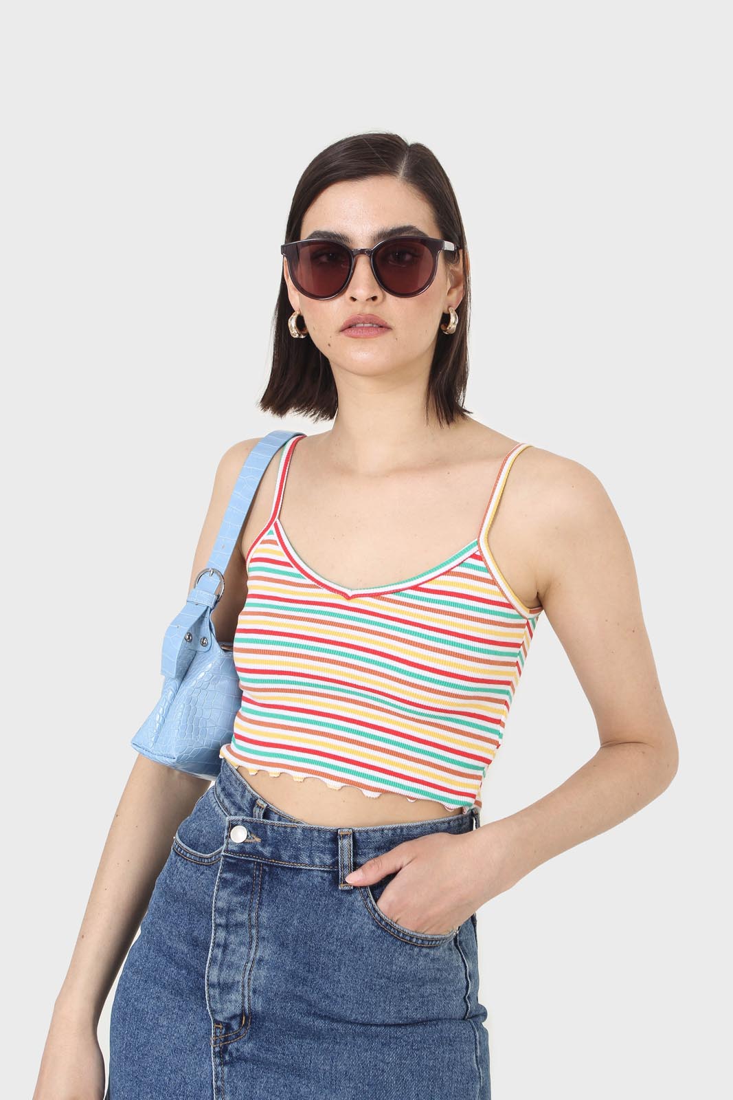 Ivory and green multi striped cropped tank
