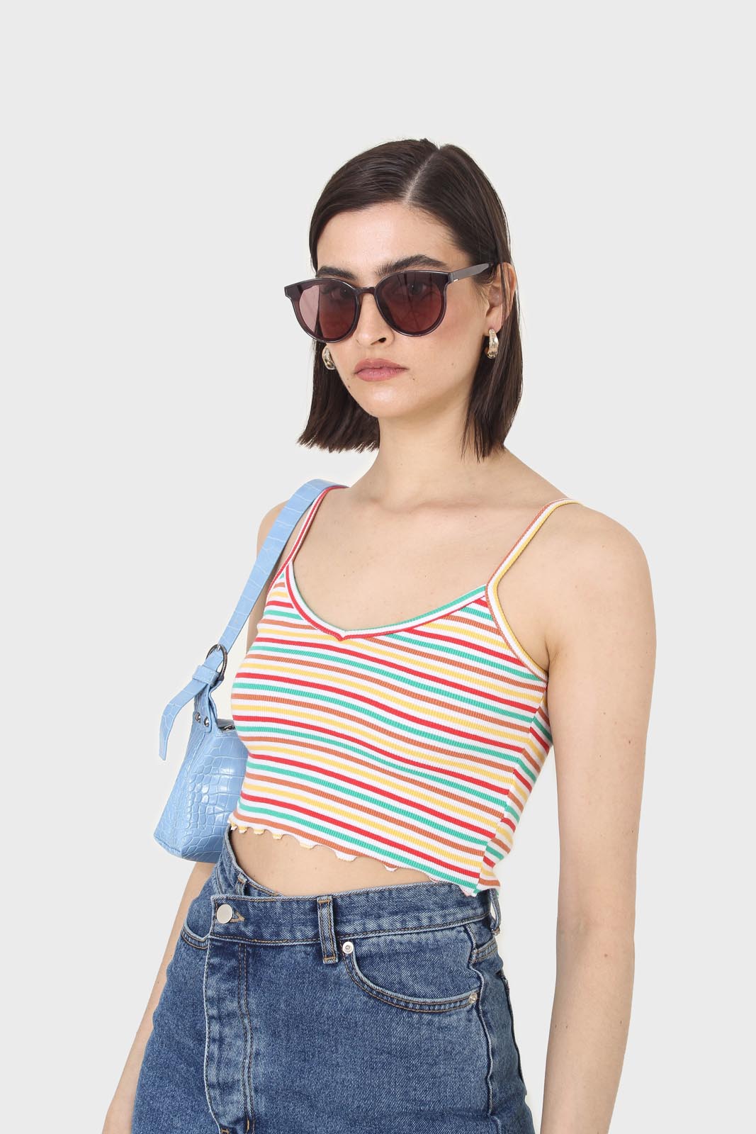Ivory and green multi striped cropped tank