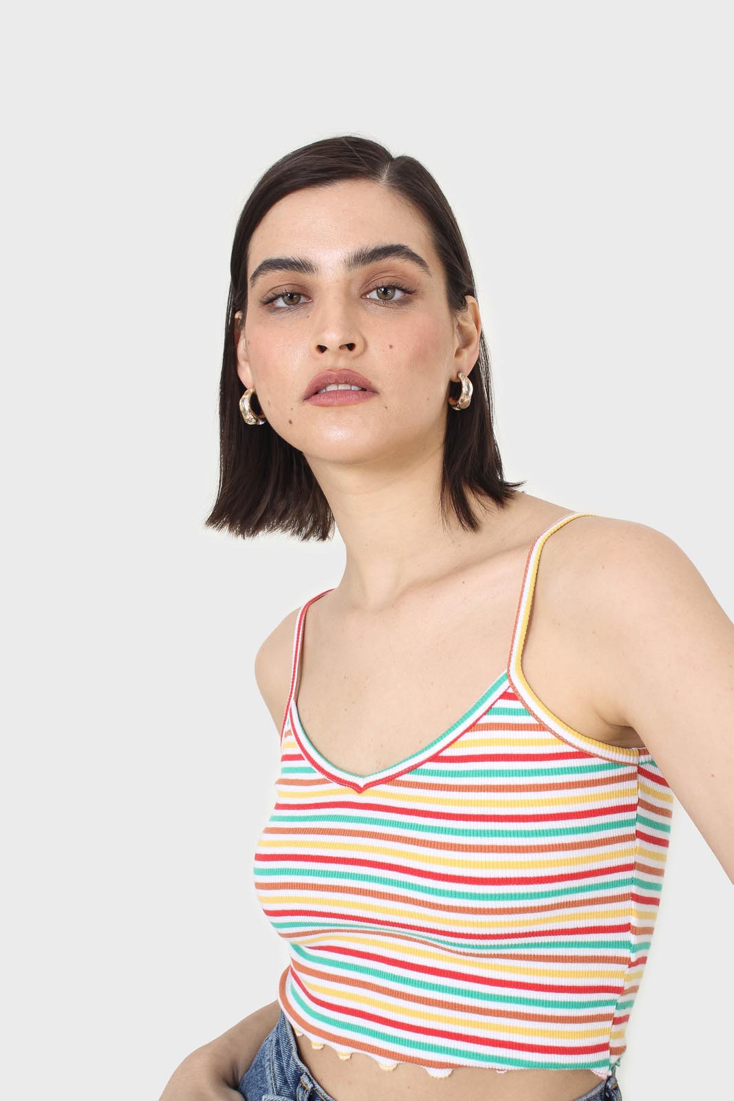 Ivory and green multi striped cropped tank