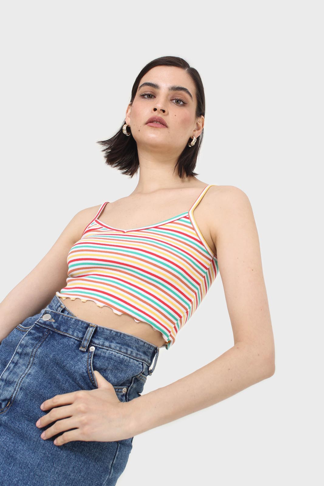 Ivory and green multi striped cropped tank