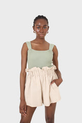 Beige belted wide leg linen shorts