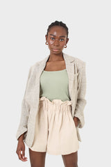 Beige belted wide leg linen shorts