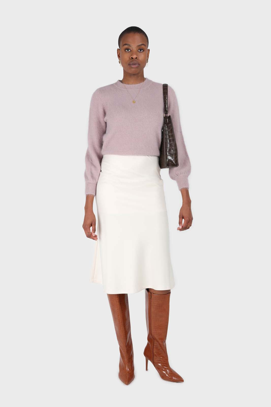 Beige satin flare silky midi skirt