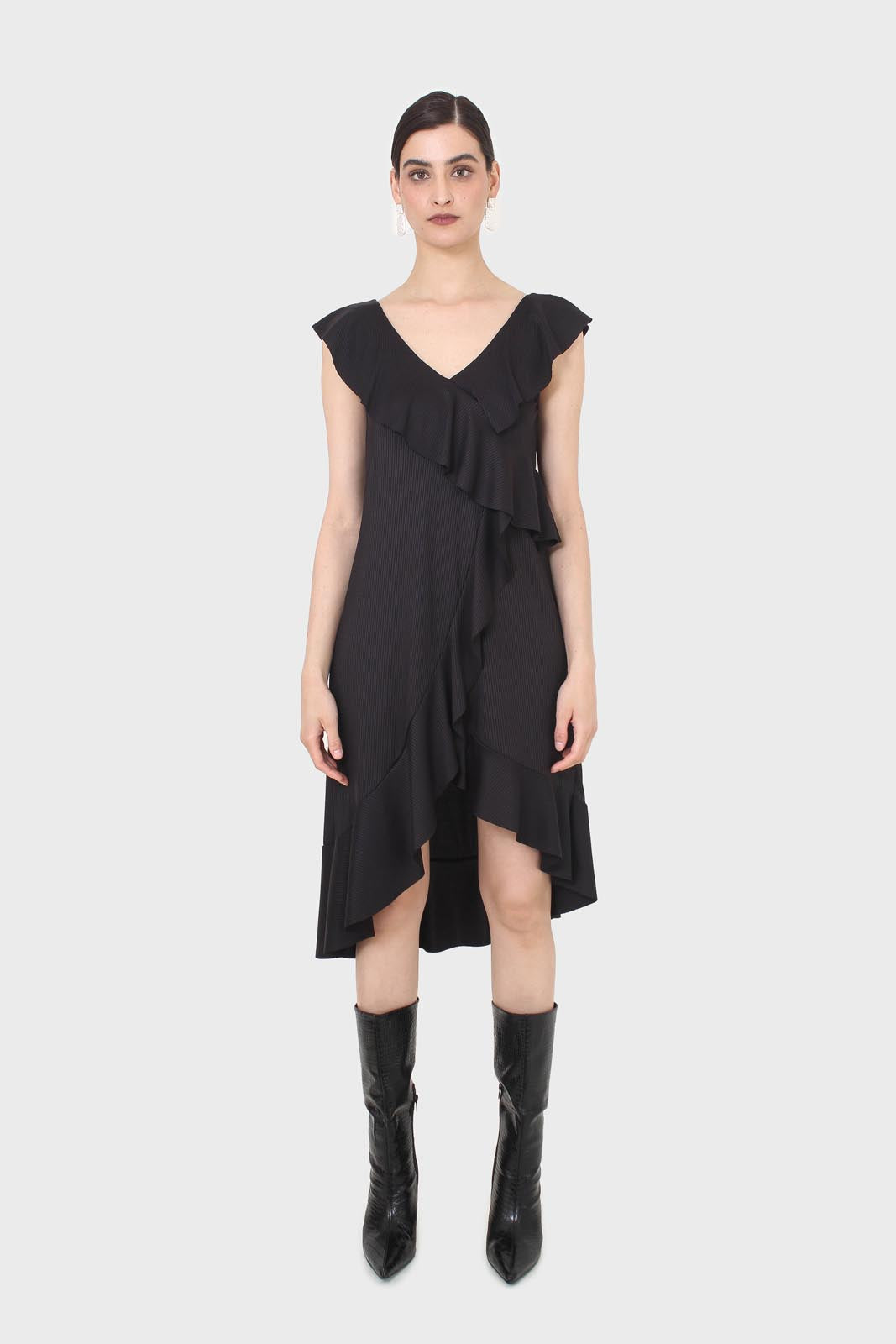 Black ruffle cross asymmetric hem maxi dress