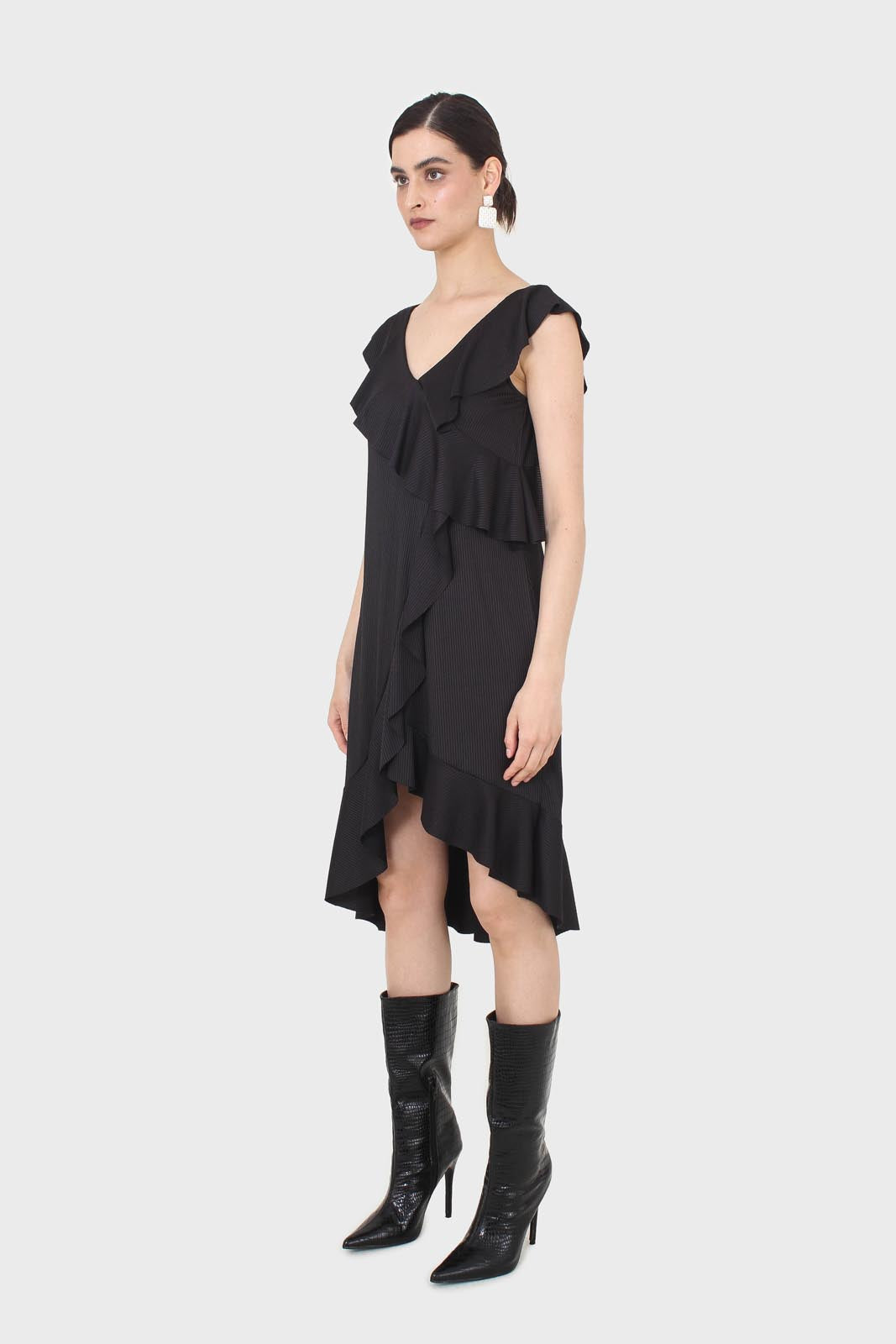 Black ruffle cross asymmetric hem maxi dress