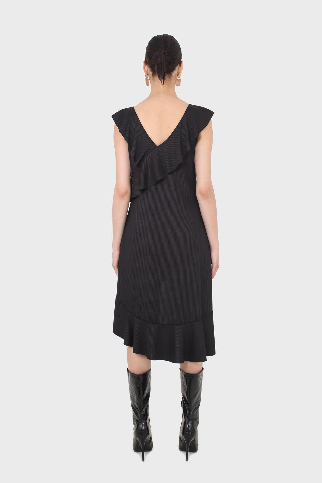 Black ruffle cross asymmetric hem maxi dress