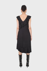 Black ruffle cross asymmetric hem maxi dress