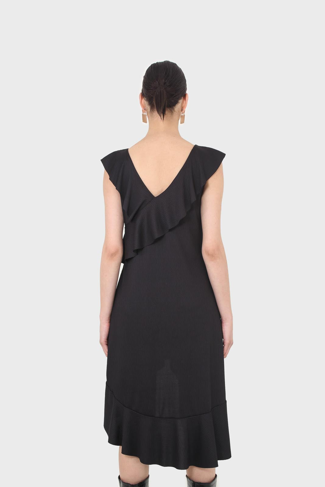 Black ruffle cross asymmetric hem maxi dress