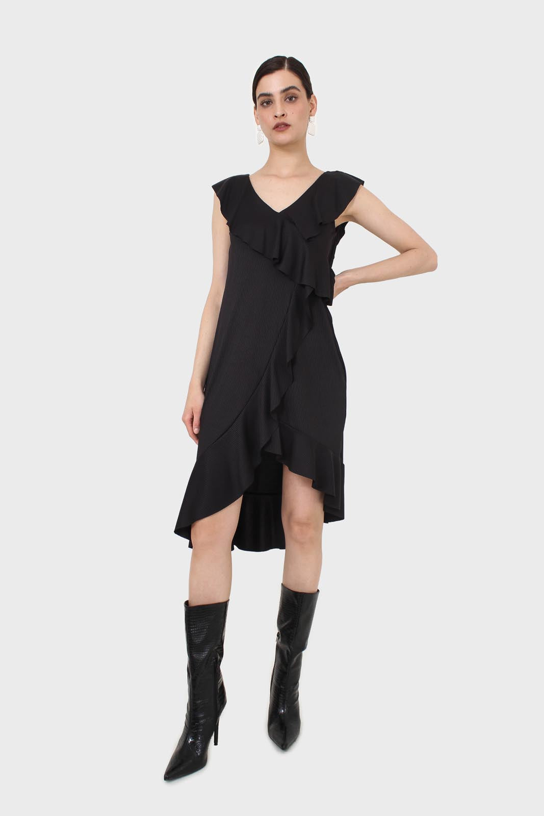 Black ruffle cross asymmetric hem maxi dress