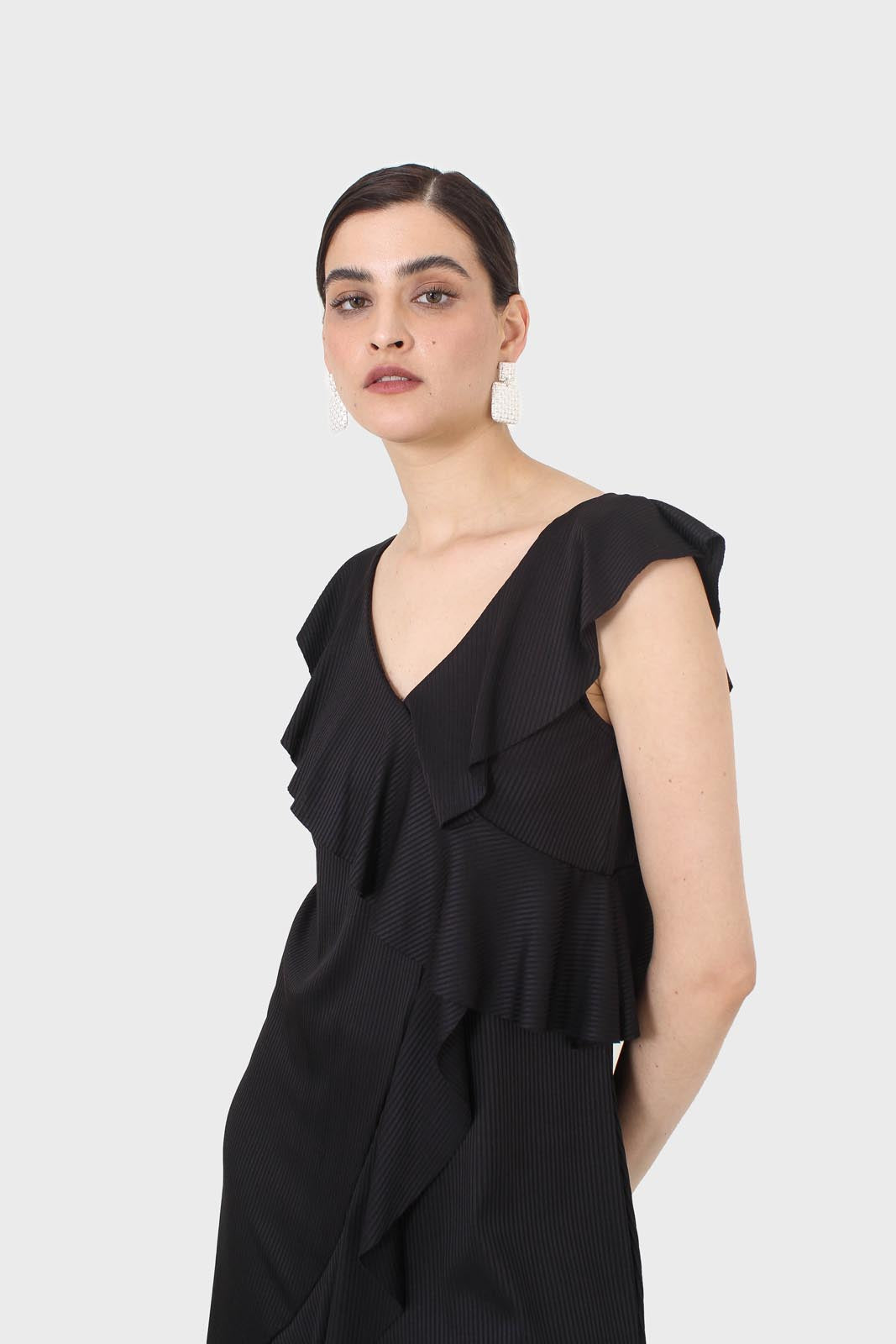 Black ruffle cross asymmetric hem maxi dress