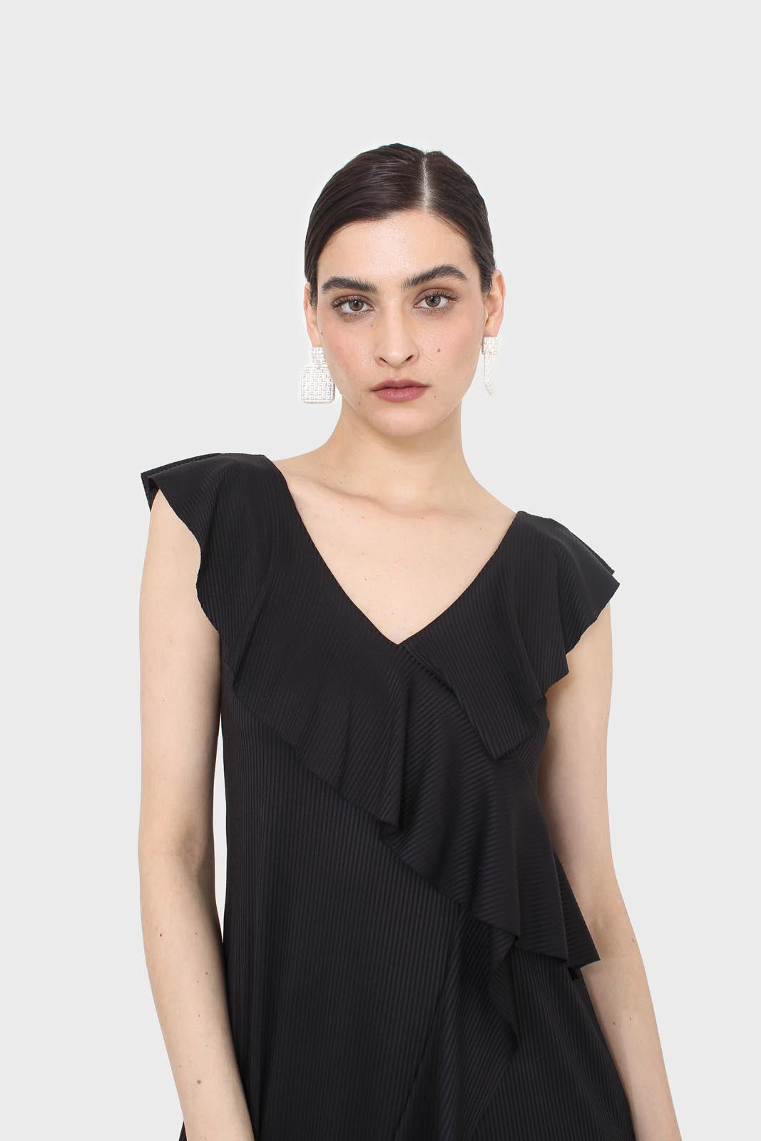 Black ruffle cross asymmetric hem maxi dress