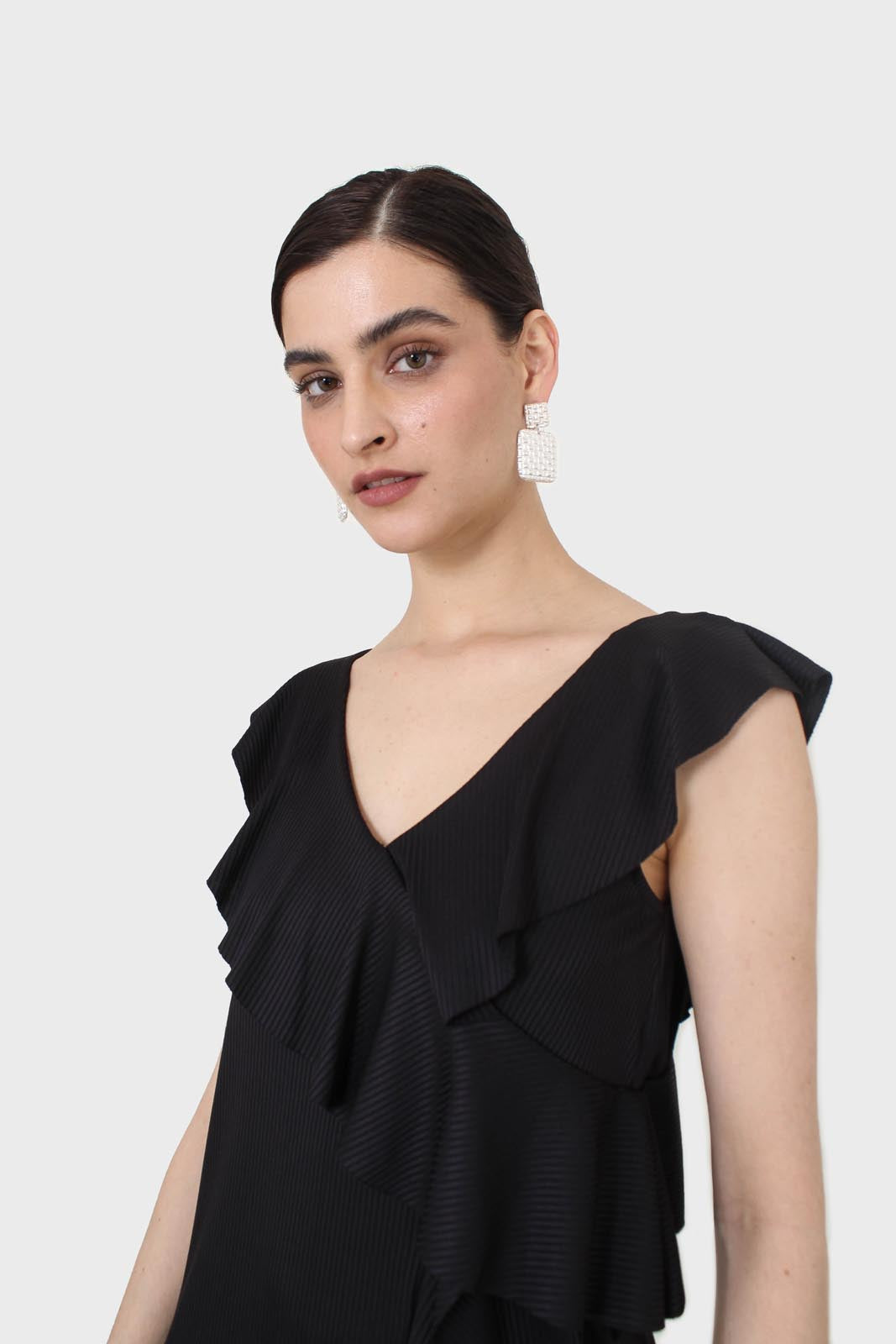 Black ruffle cross asymmetric hem maxi dress