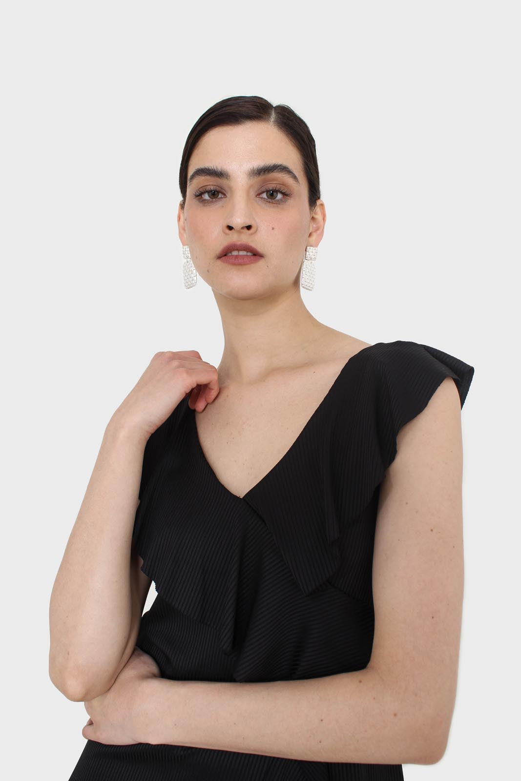 Black ruffle cross asymmetric hem maxi dress