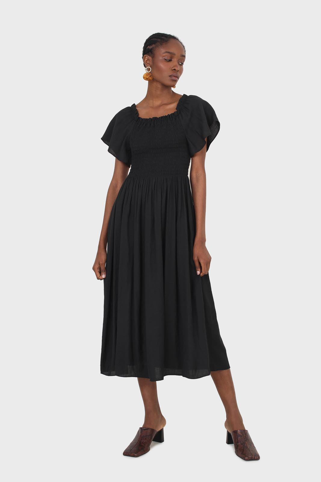 Black off shoulder ruched bodice maxi dress
