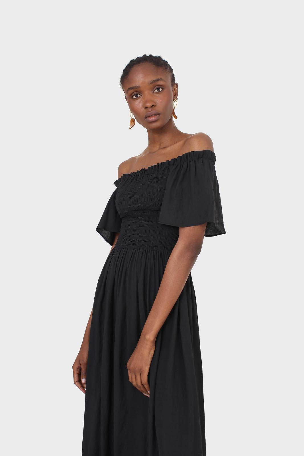 Black off shoulder ruched bodice maxi dress