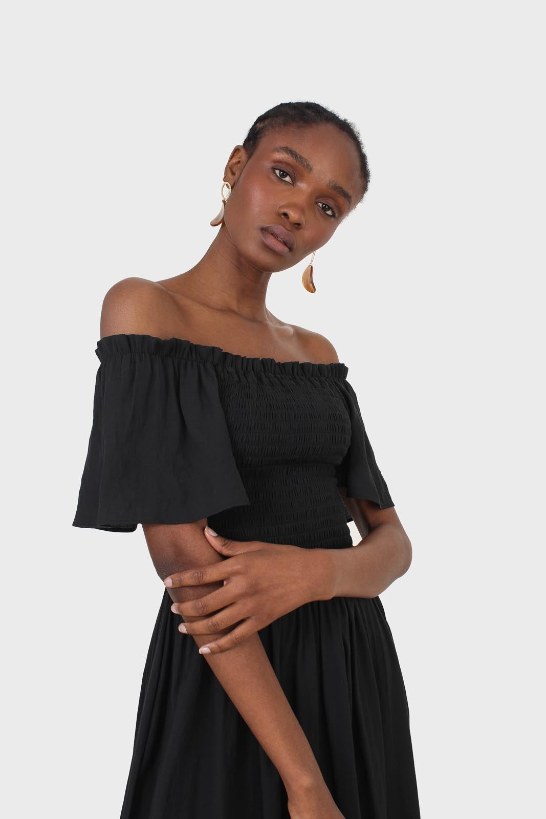 Black off shoulder ruched bodice maxi dress
