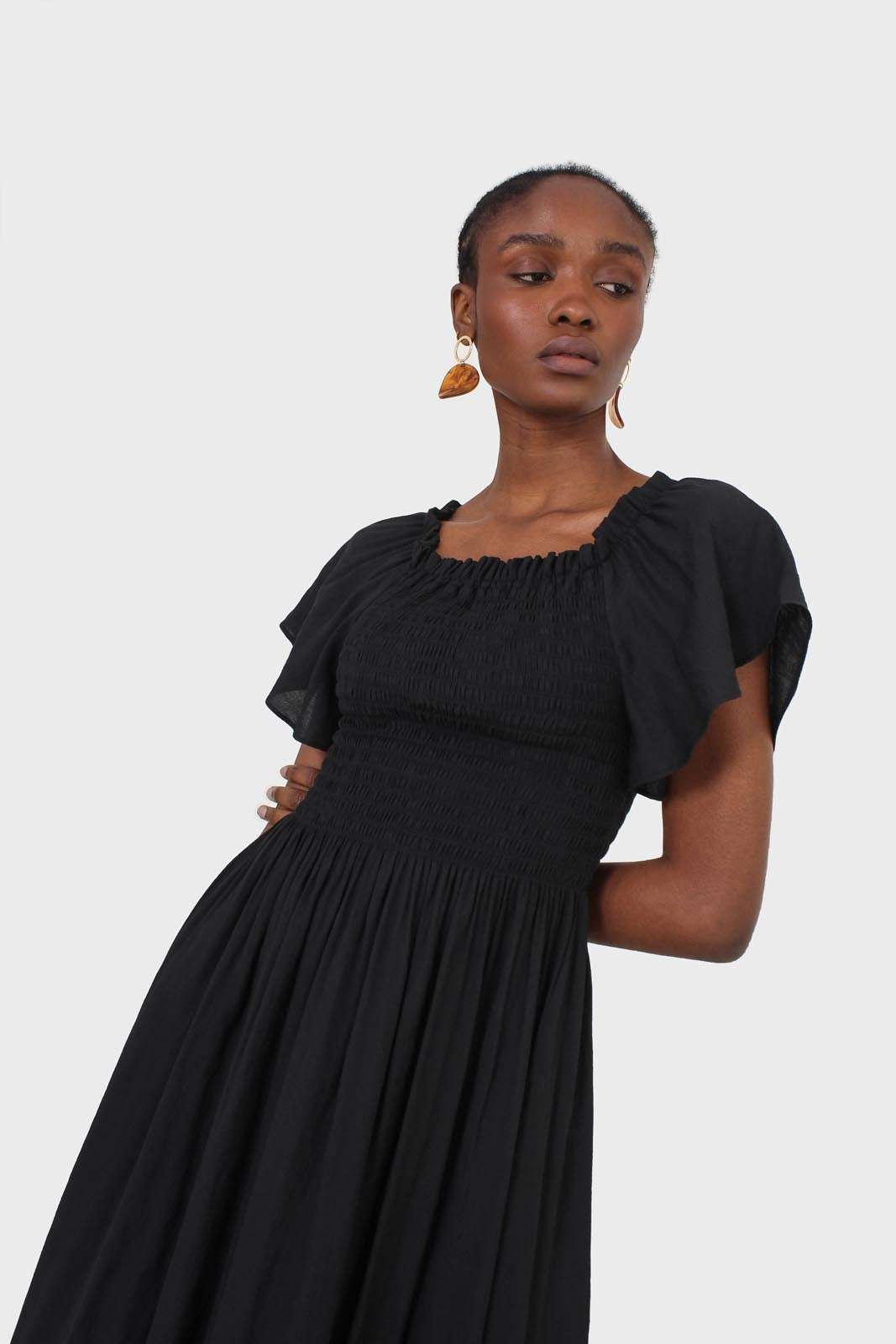 Black off shoulder ruched bodice maxi dress