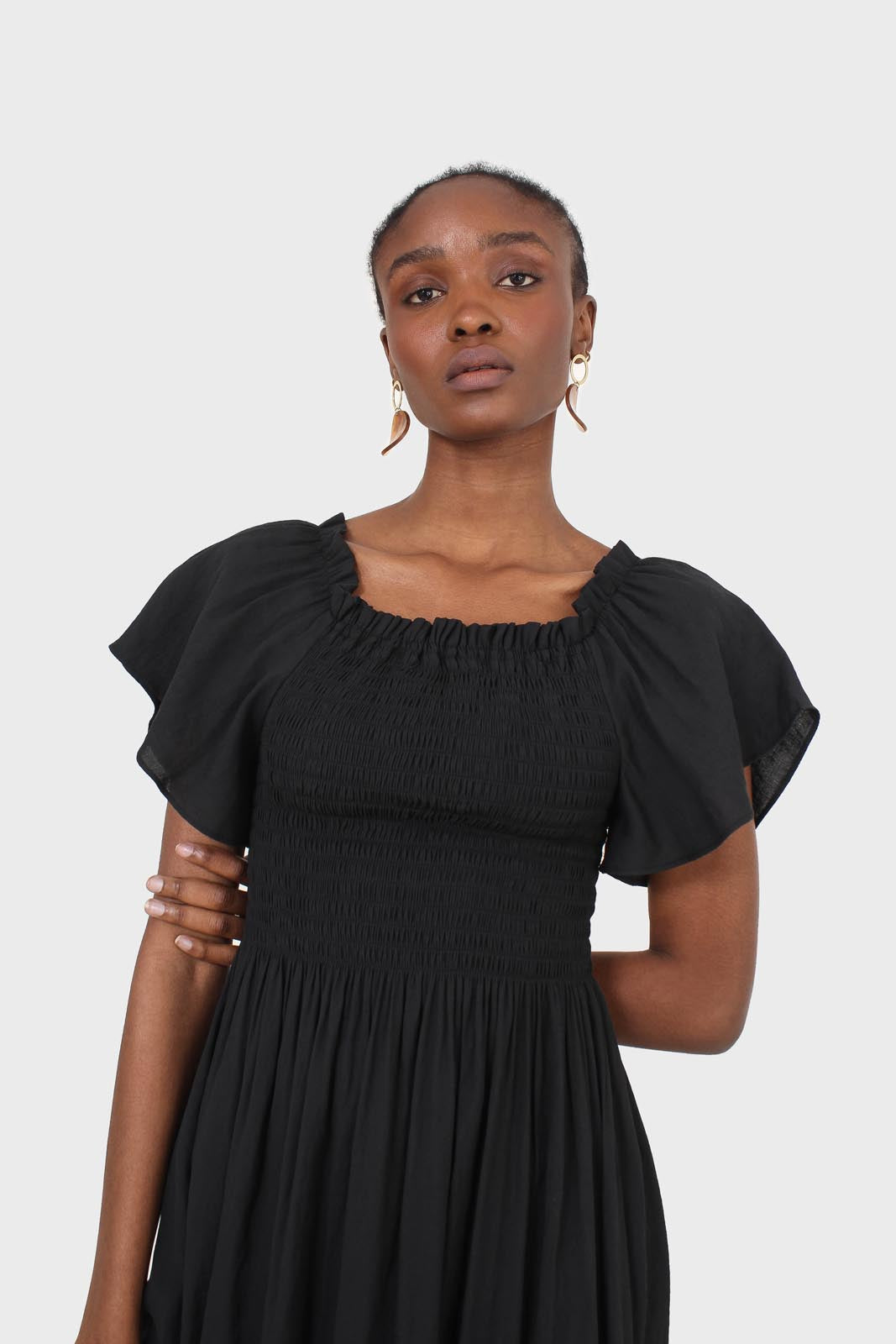 Black off shoulder ruched bodice maxi dress
