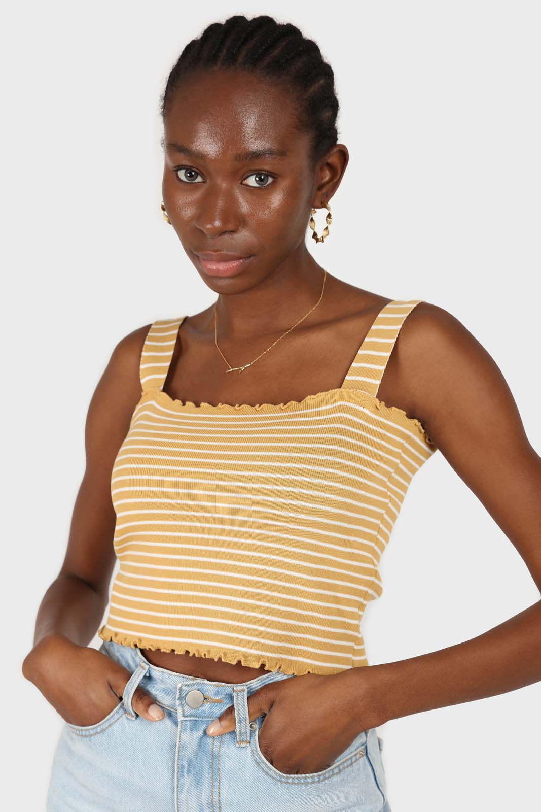 Yellow and white striped frill trim knit tank
