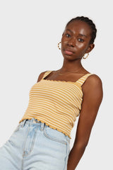 Yellow and white striped frill trim knit tank