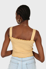 Yellow and white striped frill trim knit tank