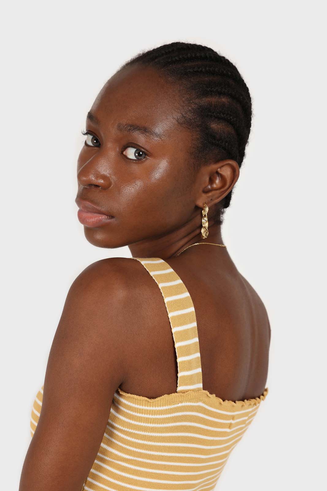 Yellow and white striped frill trim knit tank
