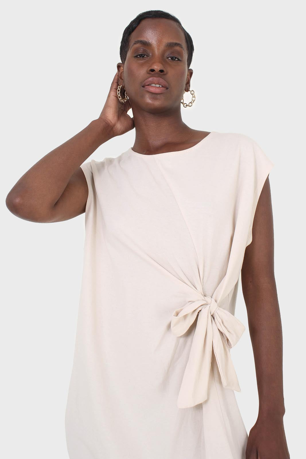 Cream tie front sleeveless maxi dress