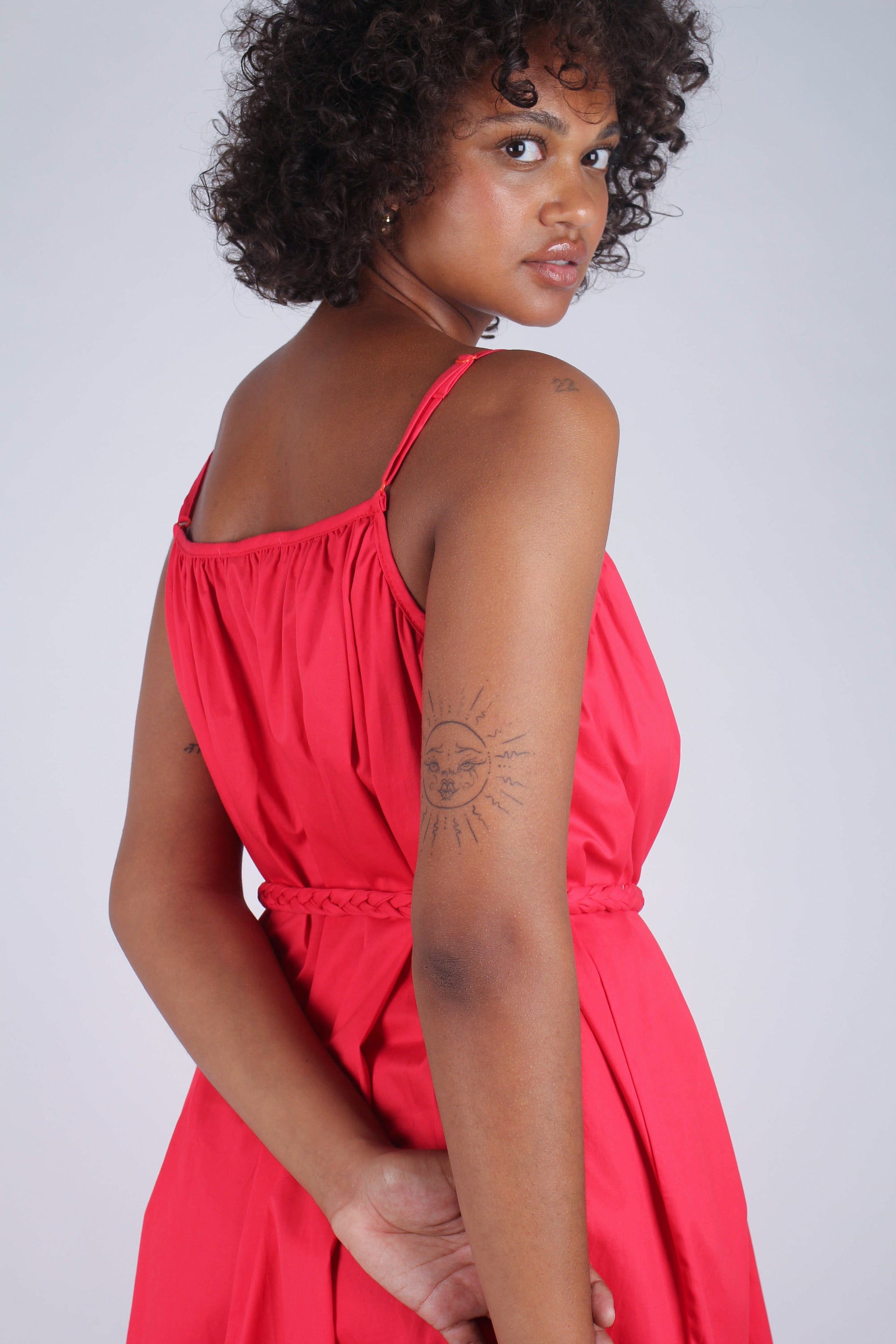 Red large ruffle hem rope belted dress