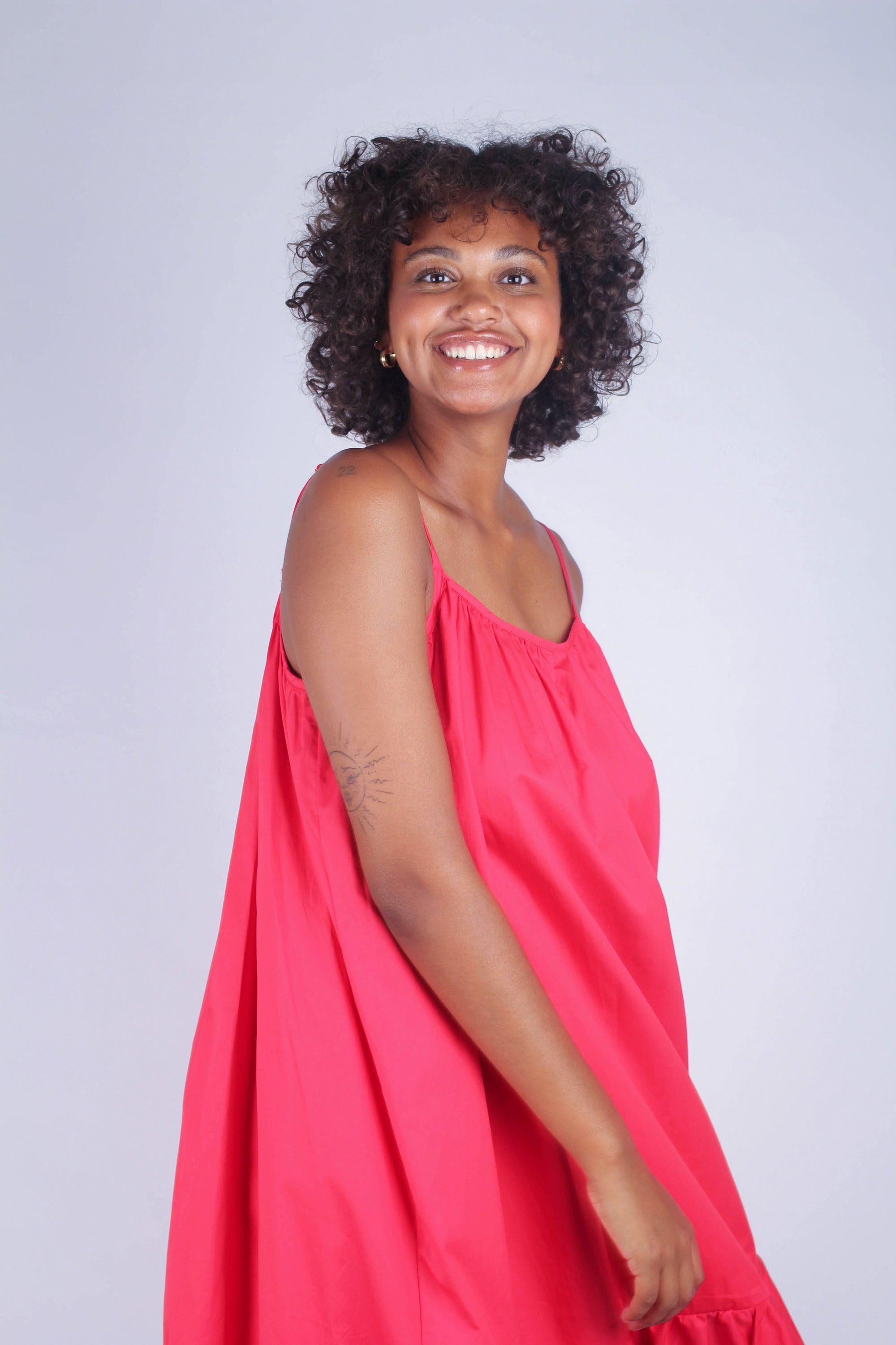 Red large ruffle hem rope belted dress