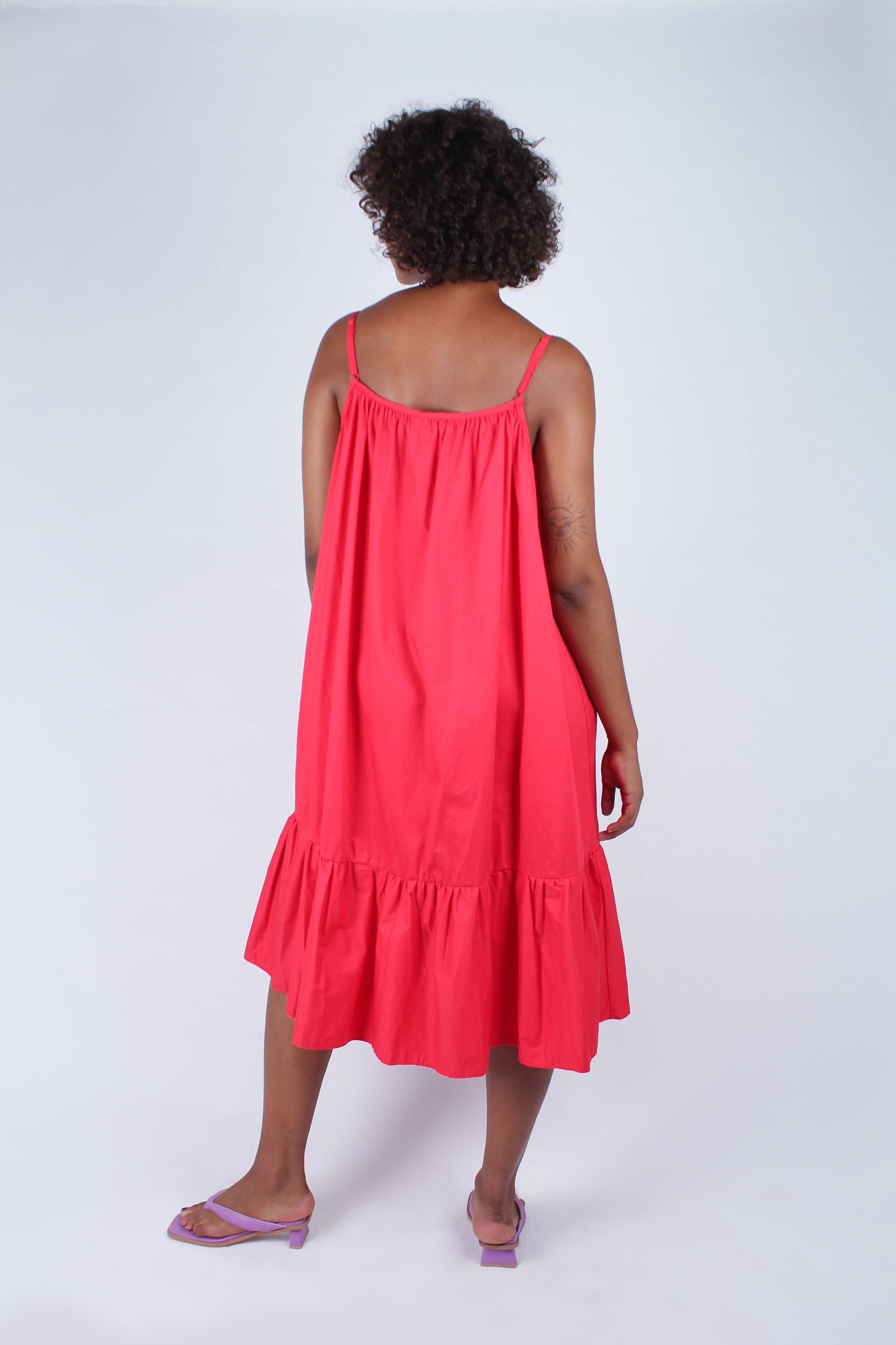 Red large ruffle hem rope belted dress