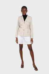 Beige belted patch pocket utility jacket