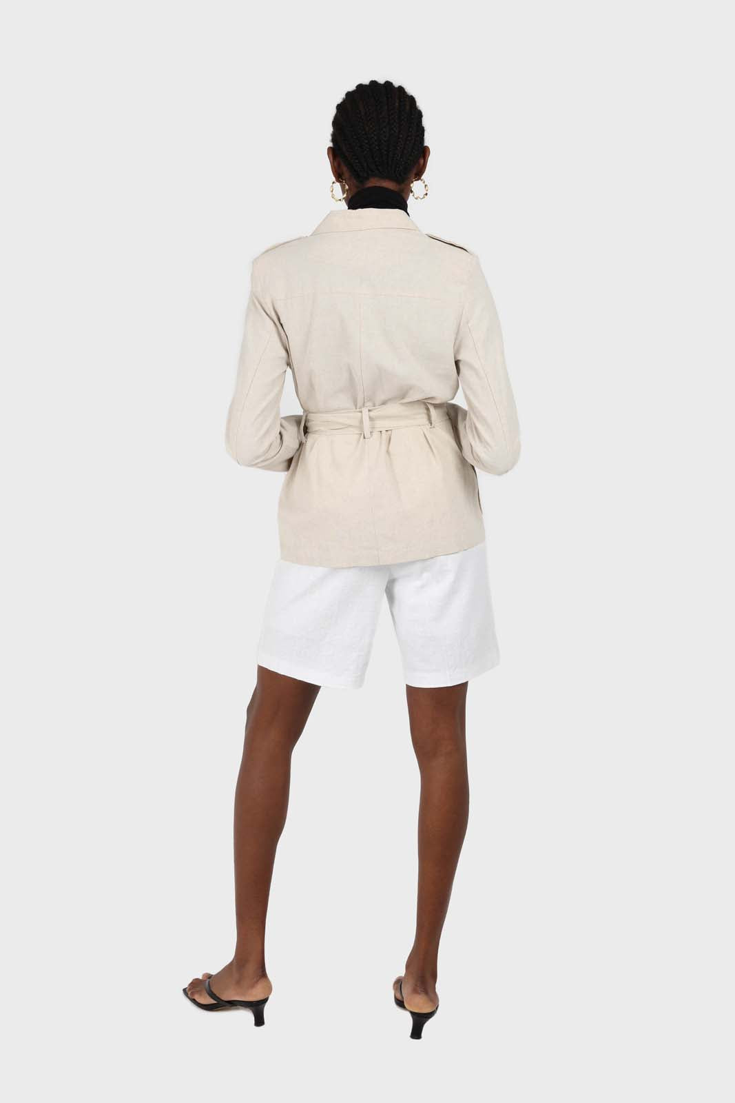 Beige belted patch pocket utility jacket