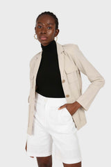 Beige belted patch pocket utility jacket