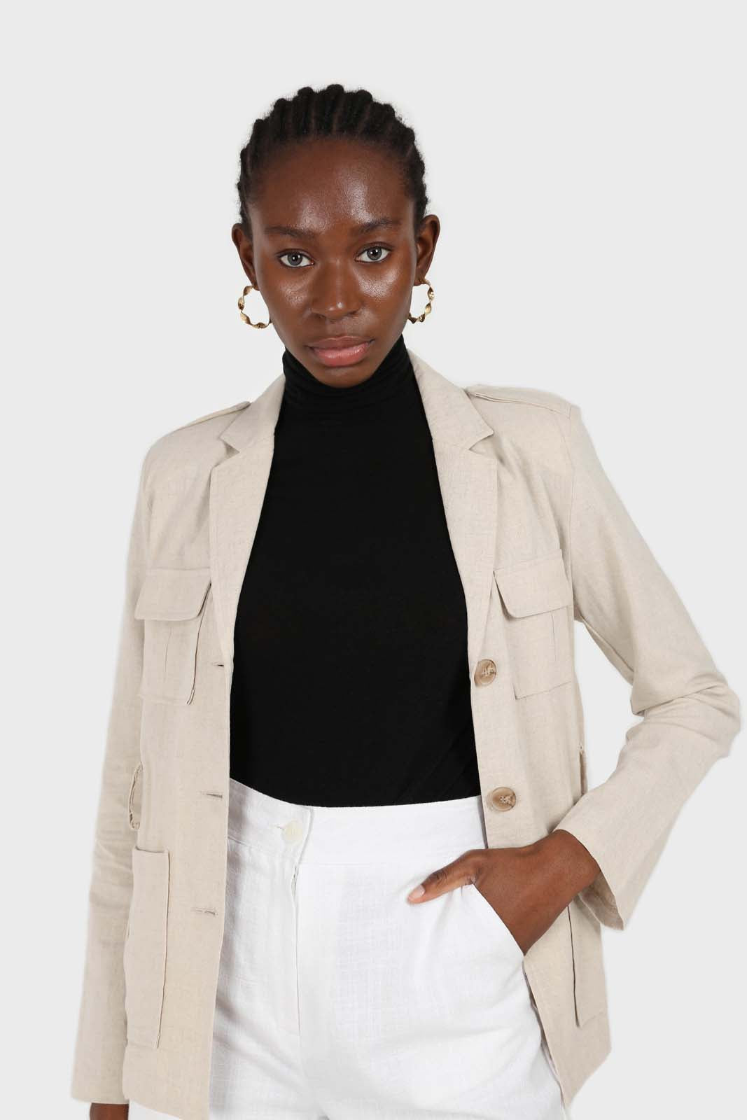 Beige belted patch pocket utility jacket