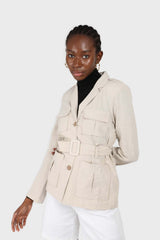 Beige belted patch pocket utility jacket