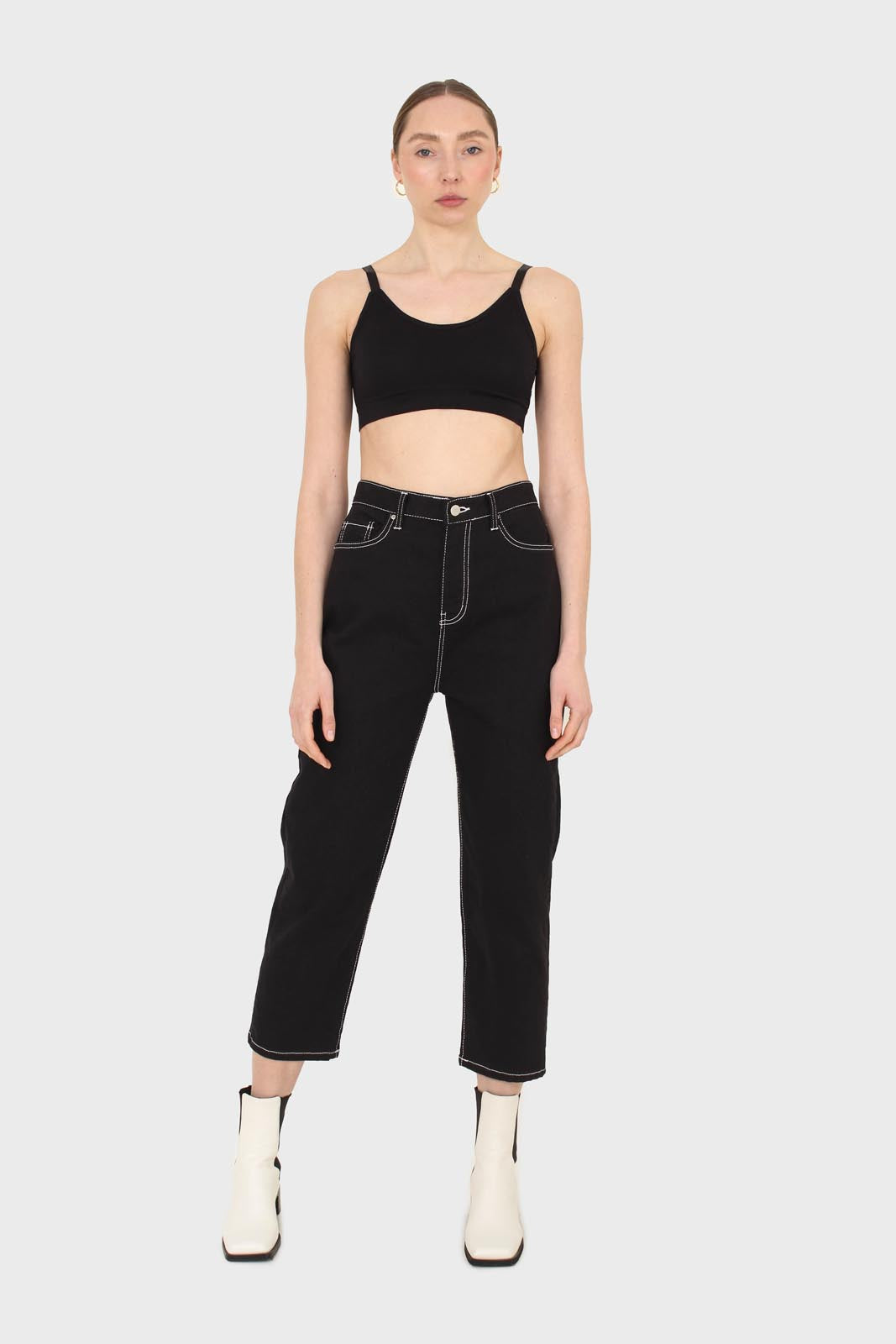 Black and white contrast stitch boyfriend jeans - 853
