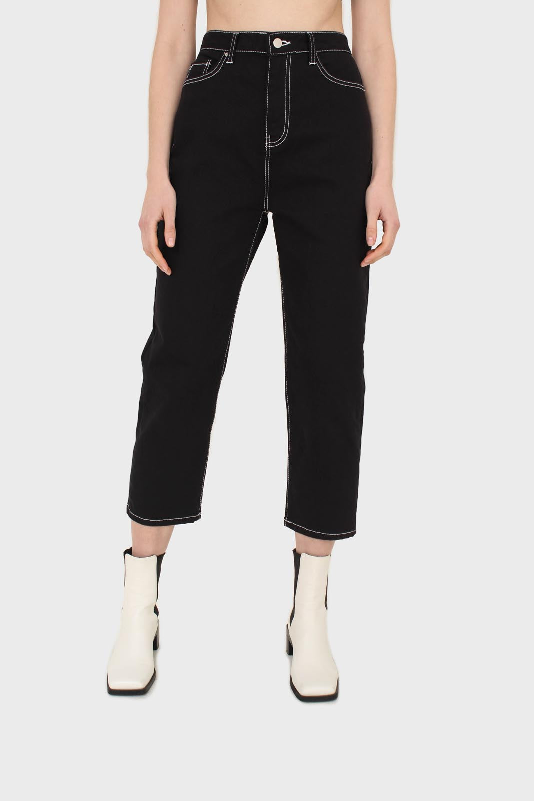 Black and white contrast stitch boyfriend jeans - 853