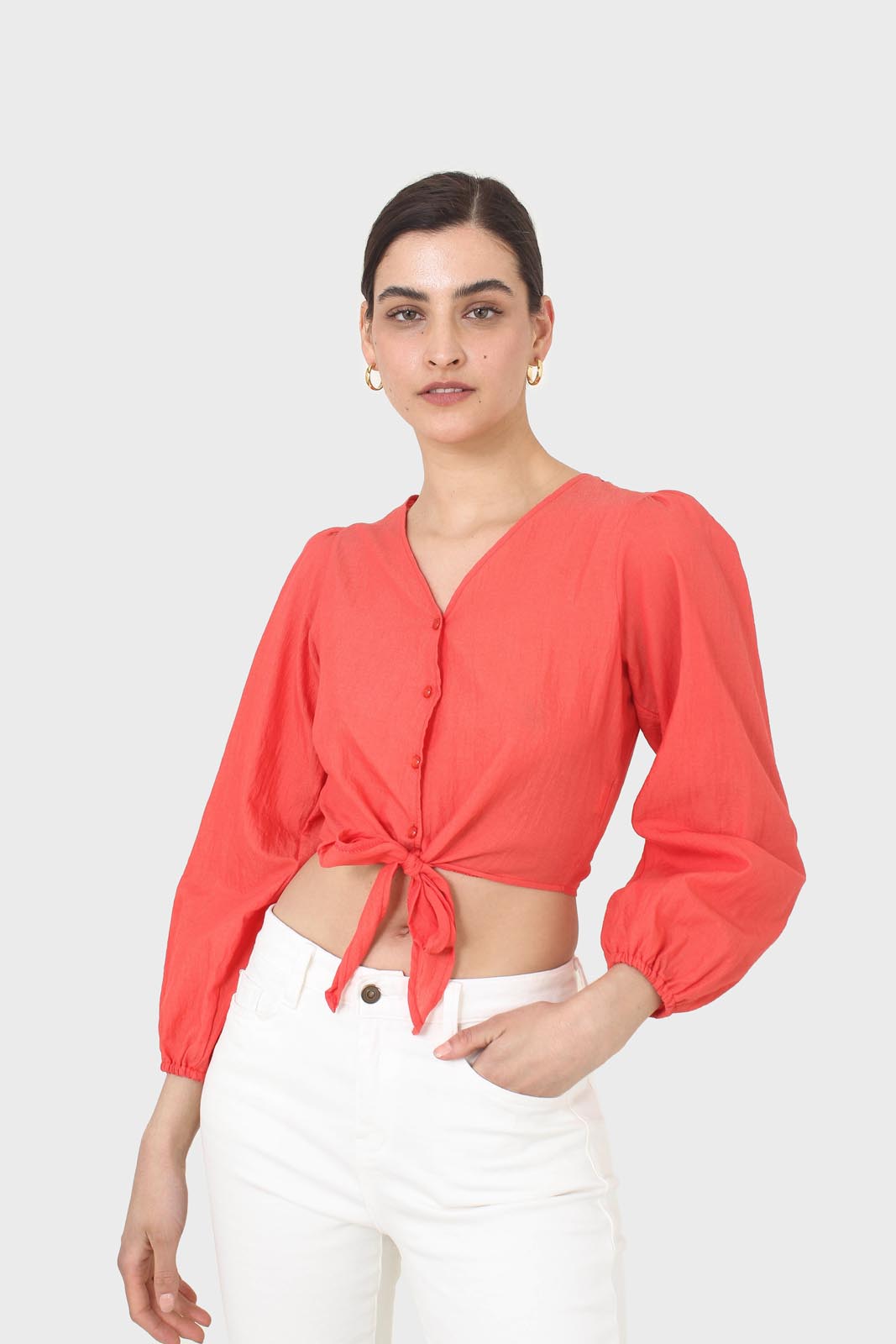 Red button up tie front cropped shirt
