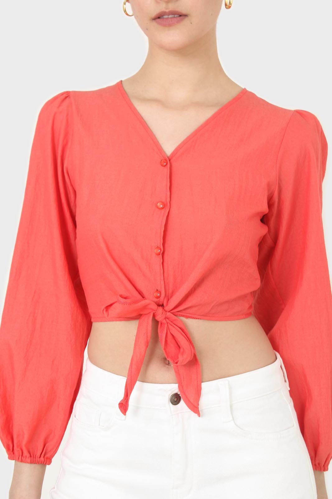 Red button up tie front cropped shirt
