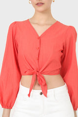 Red button up tie front cropped shirt