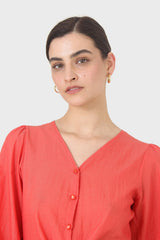 Red button up tie front cropped shirt